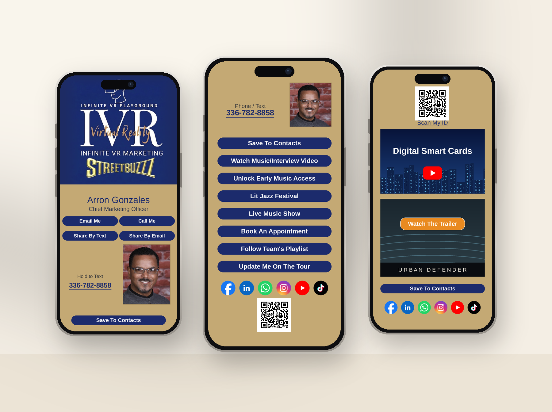 One Digital Smart Card across three phones — contact details, link list, and video and offers